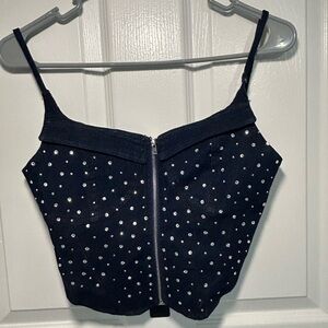 Fashion Nova Black Rhinestone Zip Front Crop Top